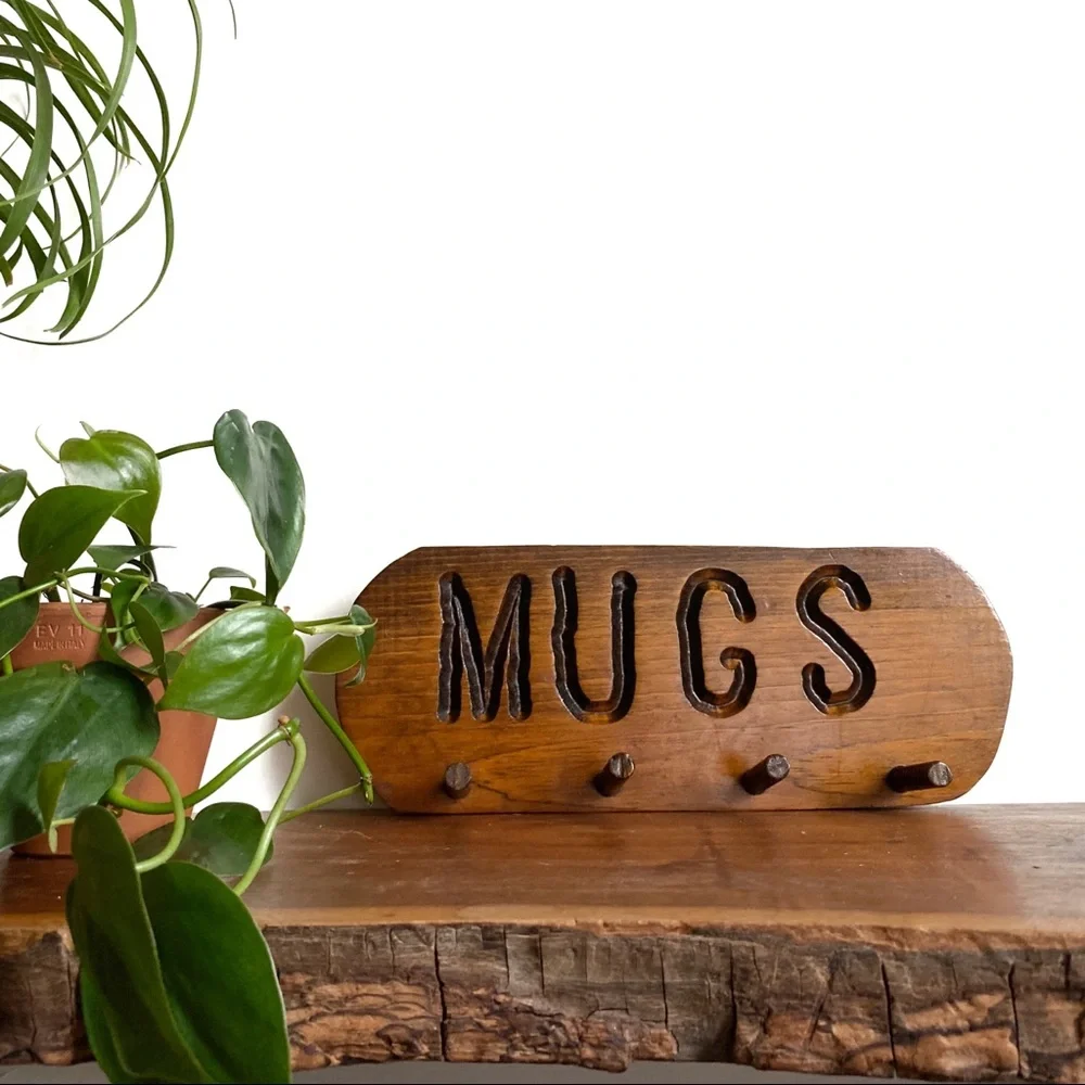 Vintage Wooden Coffee Mug Peg Rack Wall Hooks Kitchen Storage MCM